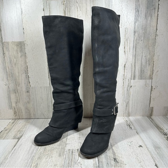 Vince Camuto Alician Leather Black Wedge Heels Buckle Knee High Boots #1299 - Picture 2 of 12